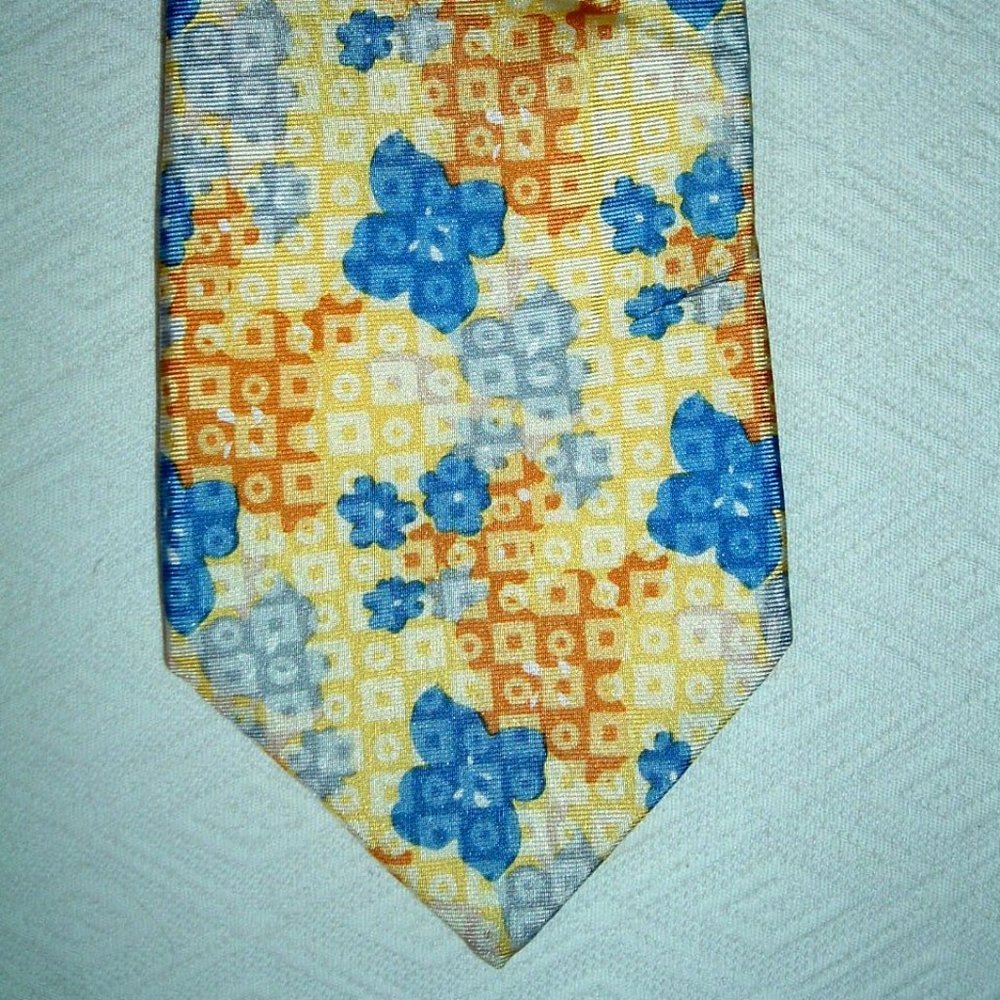 Jean-Charles Clement France gold yellow blue abstract art floral silk tie